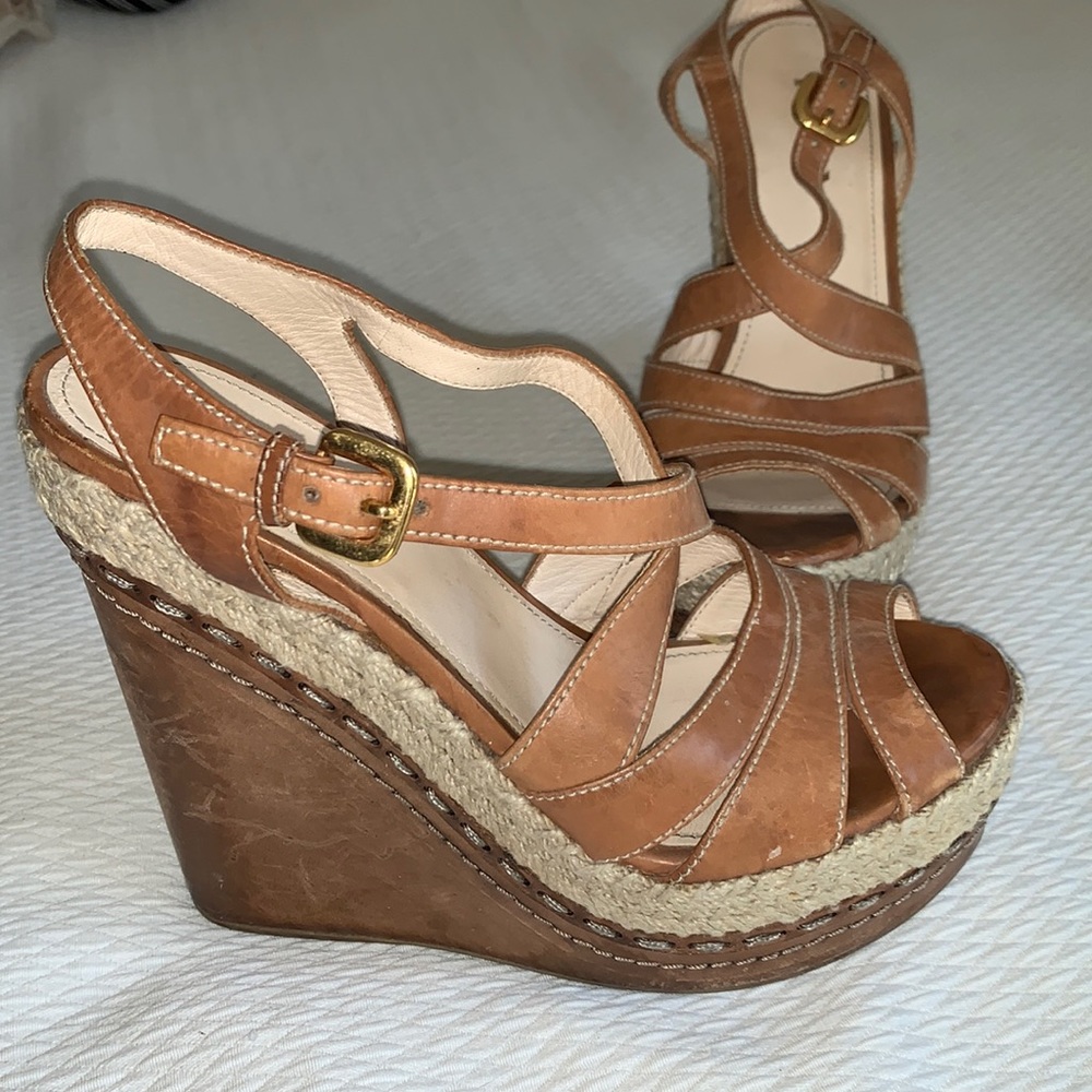 37.5 PRADA brown leather wedge espadrille sandal VINTAGE y2k Cottage core 37 1/2